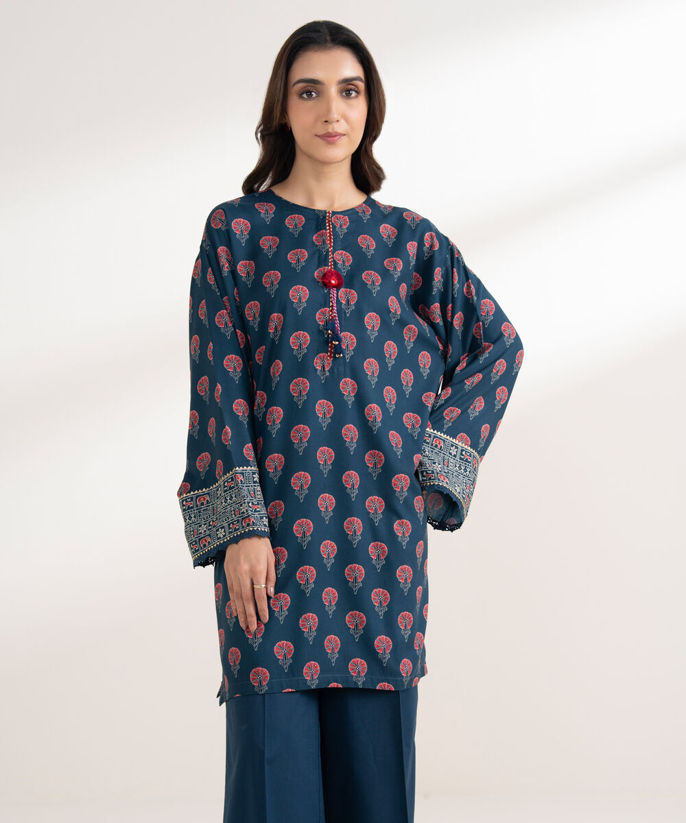 Women's RTW Viscose Linen Printed Boxy Blue Shirt
