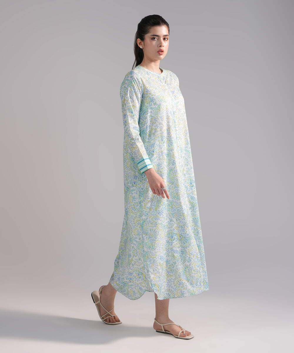 Women's RTW Slub Lawn Printed Blue Straight Shirt