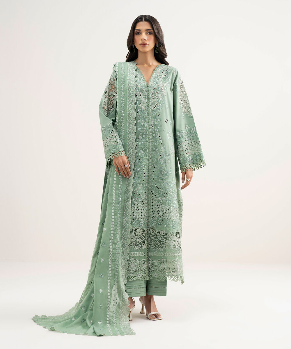 Women's Unstitched Lawn Embroidered Green 3 Piece Suit