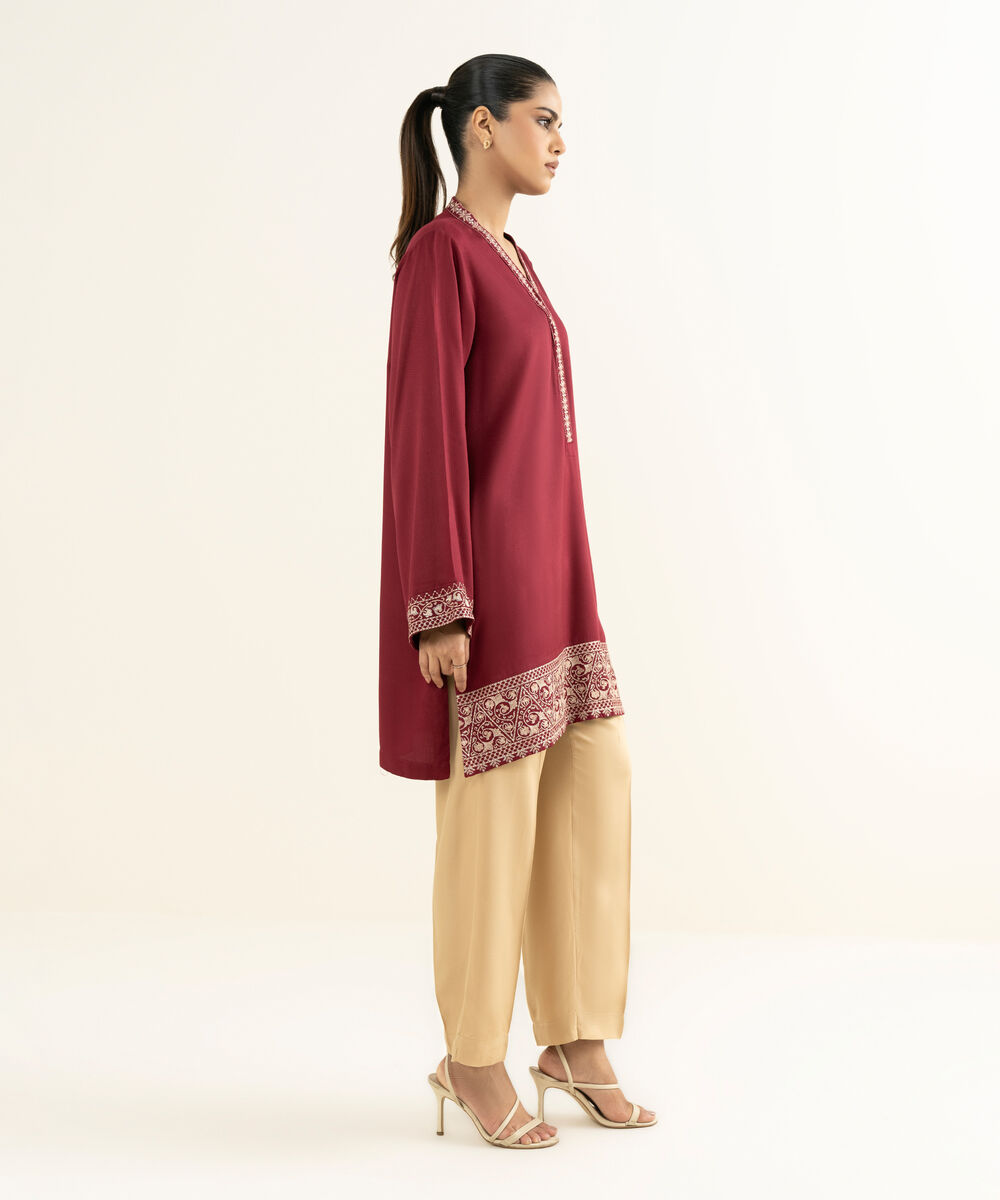 Women's RTW Linen Viscose Embroidered Maroon Straight Shirt