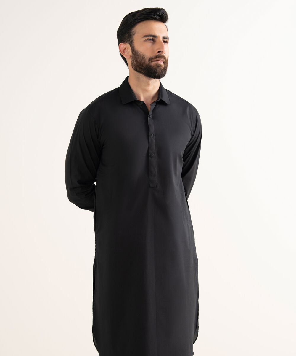 Men's Latha Plain Black Kameez Shalwar