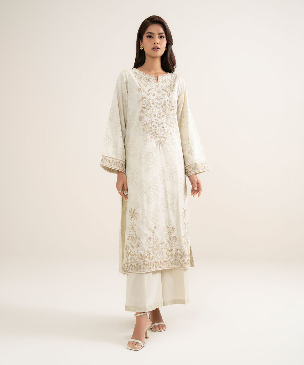 Women's RTW Lawn Embroidered Beige A-Line Shirt