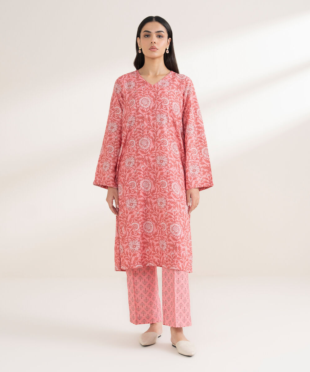 Women's RTW Arabic Khaddar Printed Straight Pink Shirt