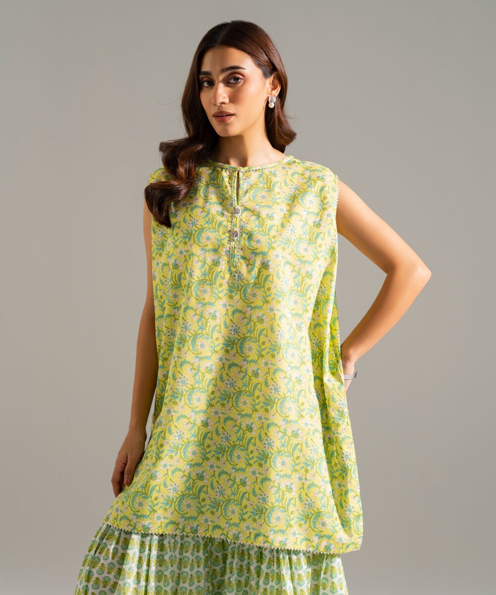 Women's RTW Slub Lawn Printed Green Straight Shirt