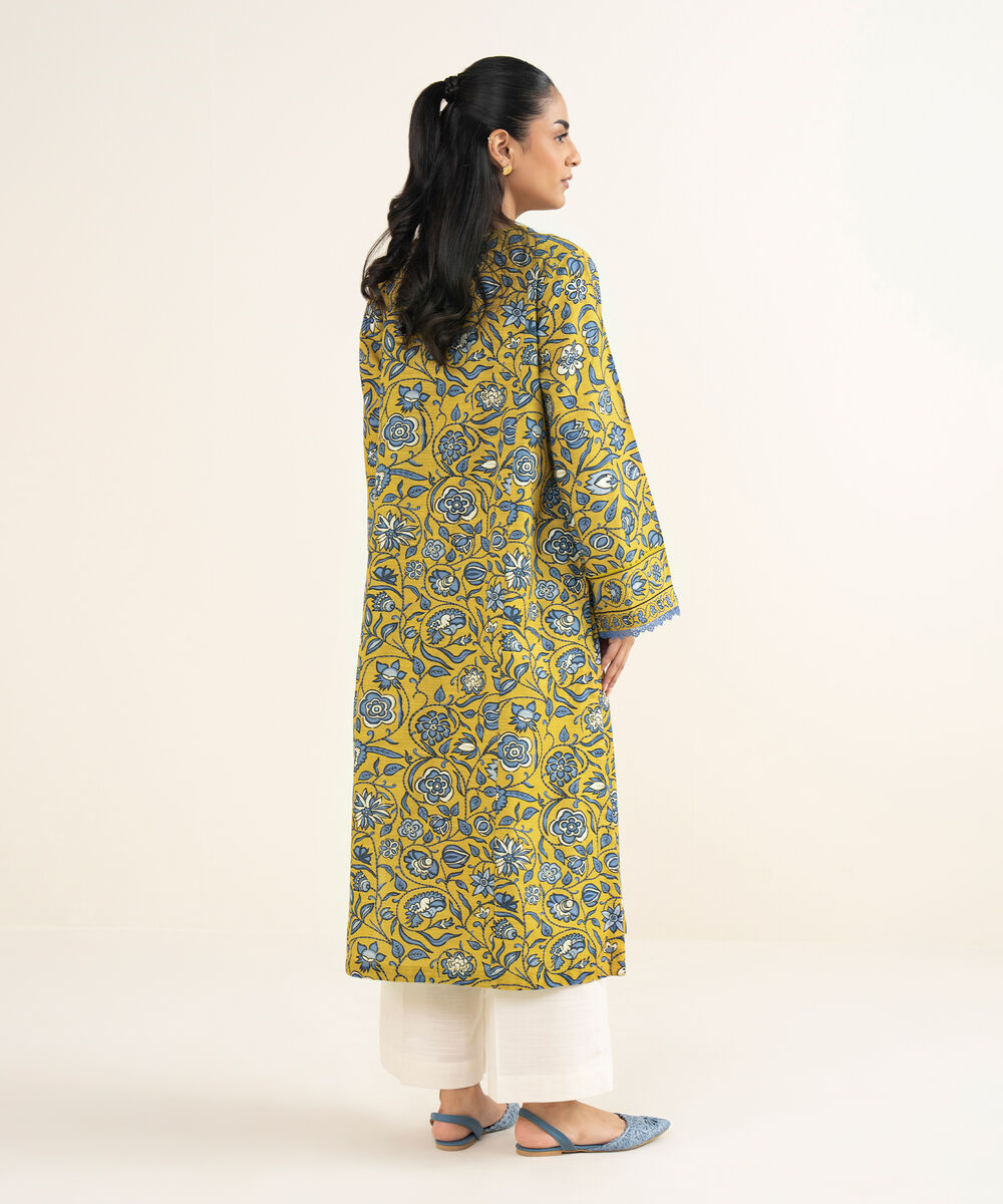 Women's RTW Cotton Printed Yellow A-Line Shirt