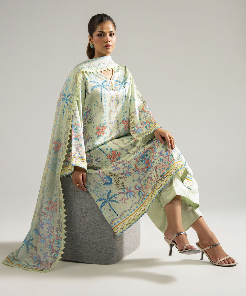 Women's RTW Blended Satin Printed Mint Green 3 Piece Suit