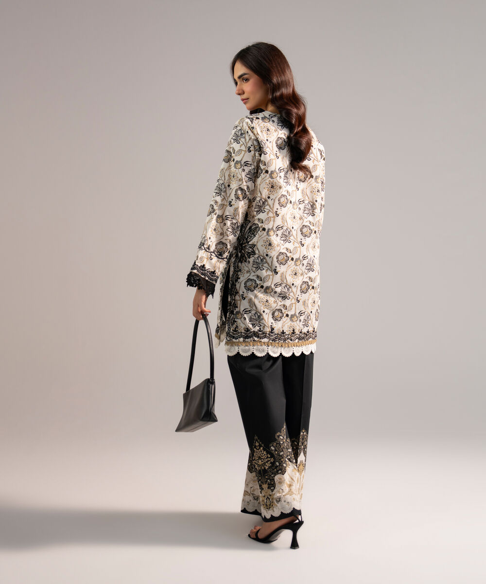 Women's RTW Lawn Embroidered Off White Straight Shirt
