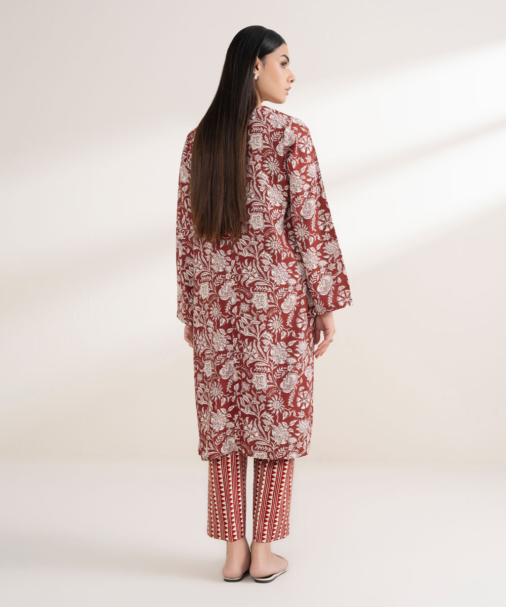 Women's RTW Arabic Khaddar Printed Straight Red Shirt