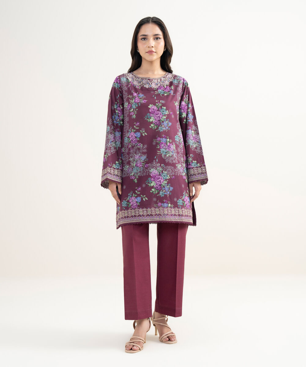 Women's RTW Lawn Embroidered Purple Straight Shirt