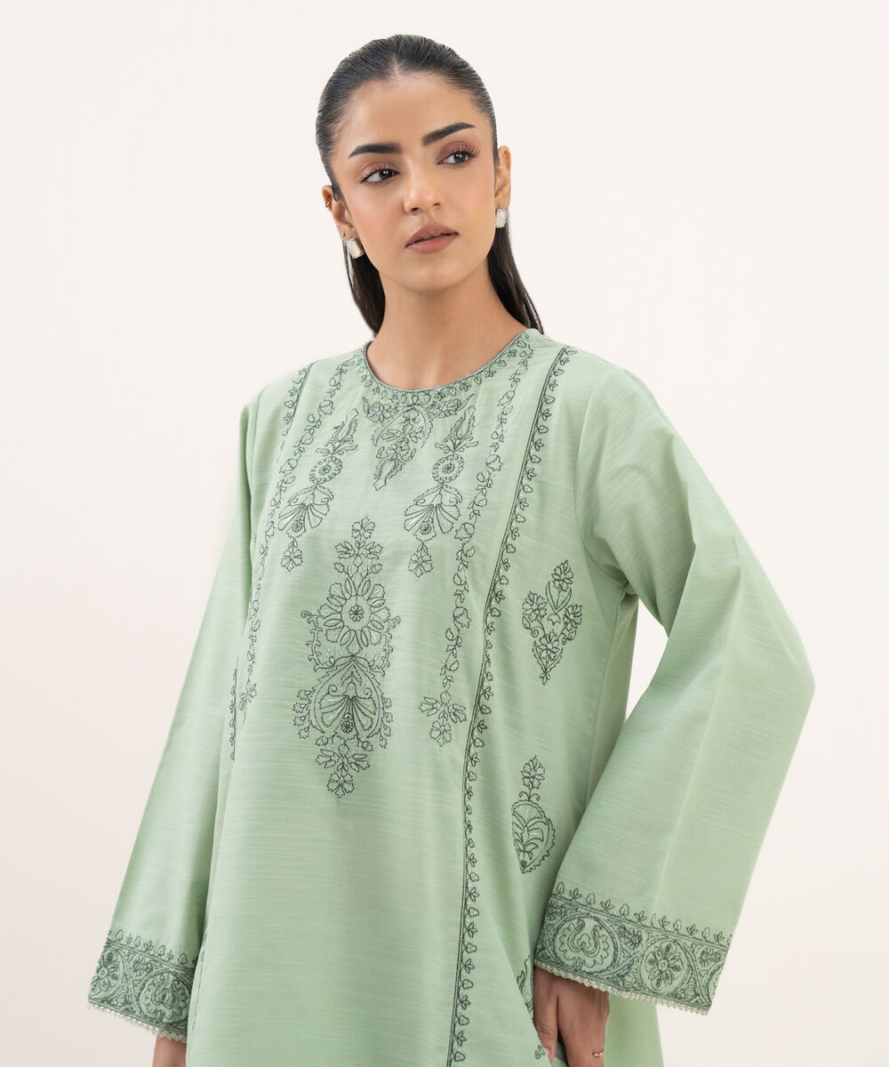 Women's RTW Cotton Embroidered Straight Ice Blue Shirt