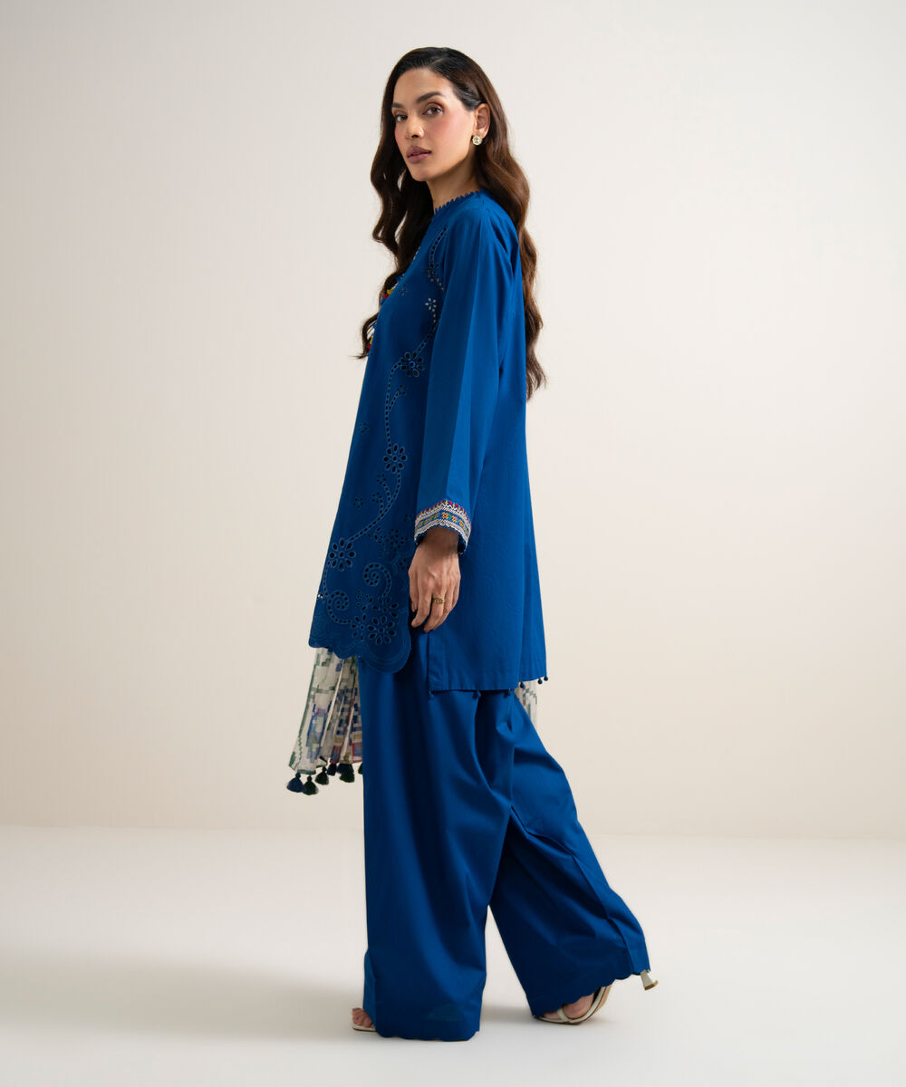 Women's Unstitched Lawn Embroidered Blue  3 Piece Suit