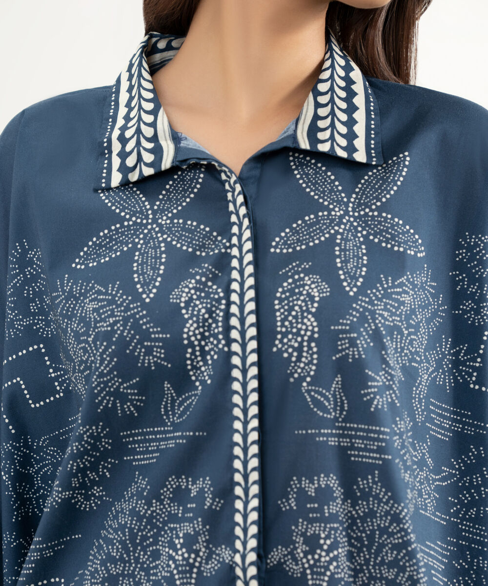 Women's RTW Lawn Printed Blue Drop Shoulder Shirt