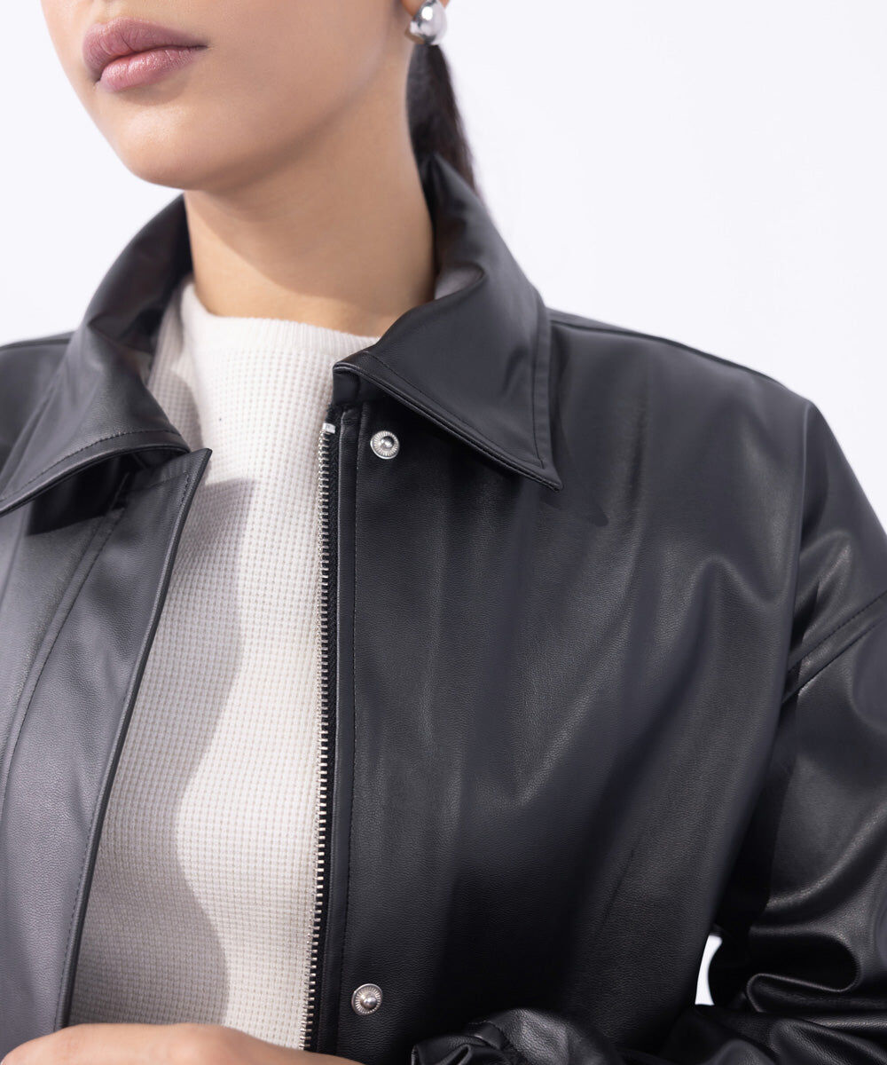 Woman - Black Cropped Faux Leather Jacket