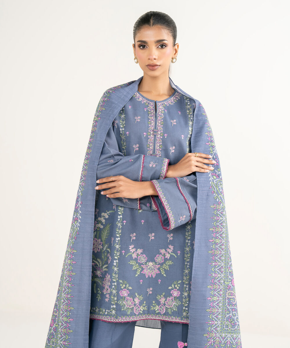 Women's Unstitched Light Khaddar Embroidered Blue 3 Piece Suit