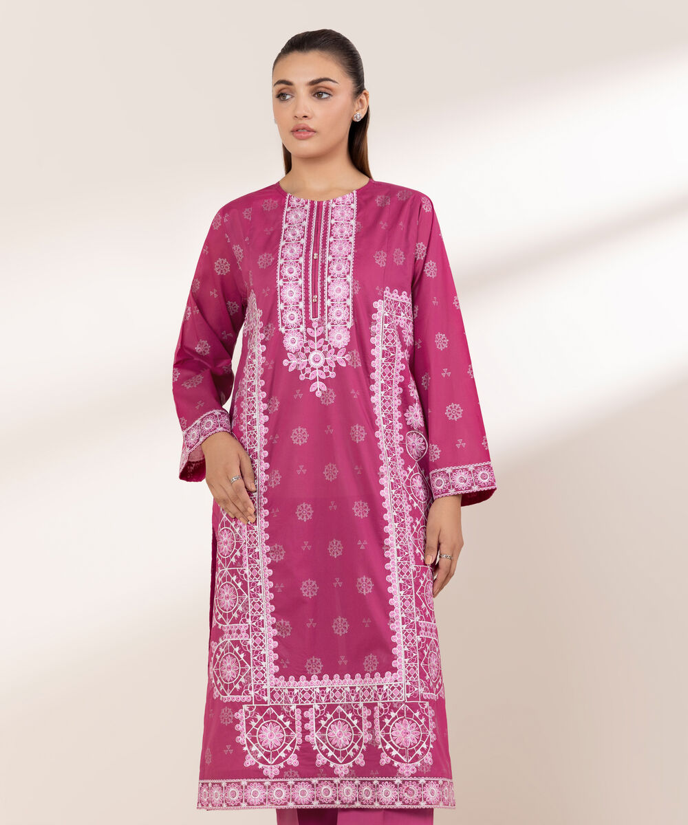 Women's RTW Lawn Pink Embroidered A-Line Shirt