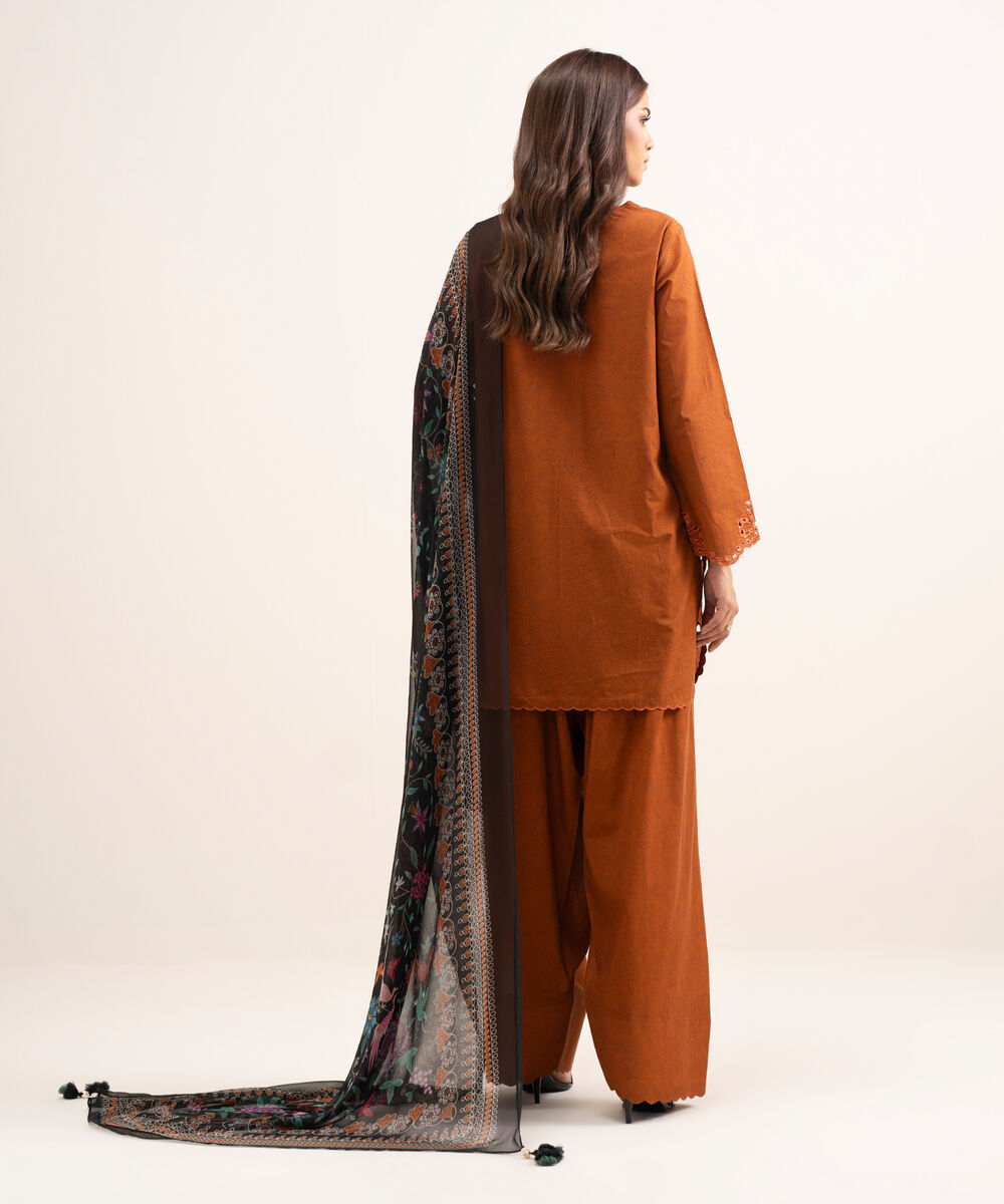 Women's Unstitched Lawn Embroidered Orange 3 Piece Suit