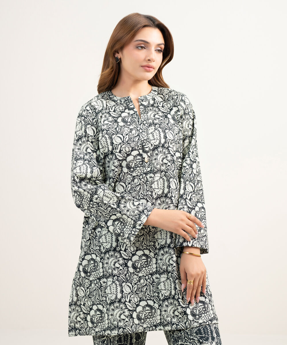 Women's RTW Seersucker Printed Black Straight Shirt