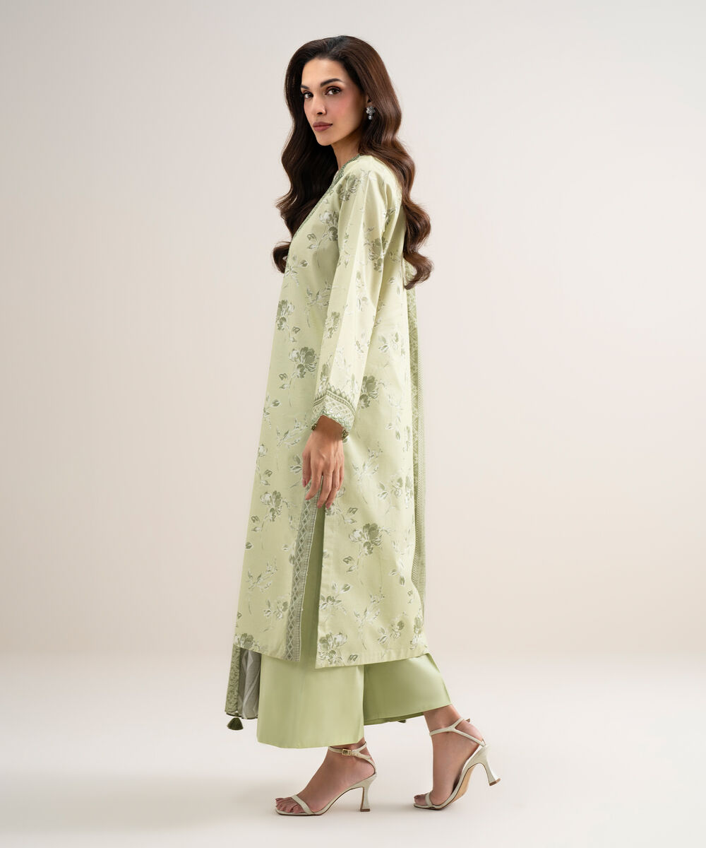 Women's Unstitched Lawn Embroidered Off White and Grey 3 Piece Suit