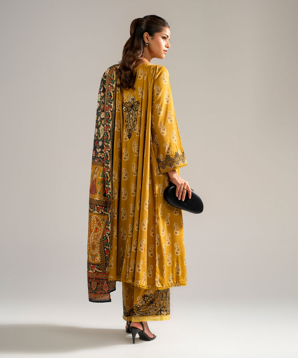 Women's RTW Arabic Dobby Embroidered Mustard Brown 3 Piece Suit