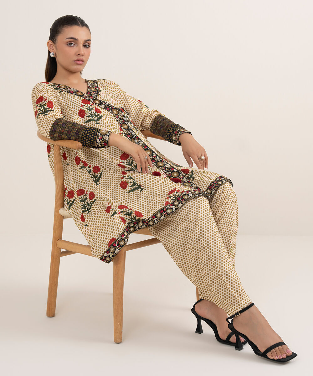 Women's RTW Arabic Lawn Beige Printed Aline Shirt