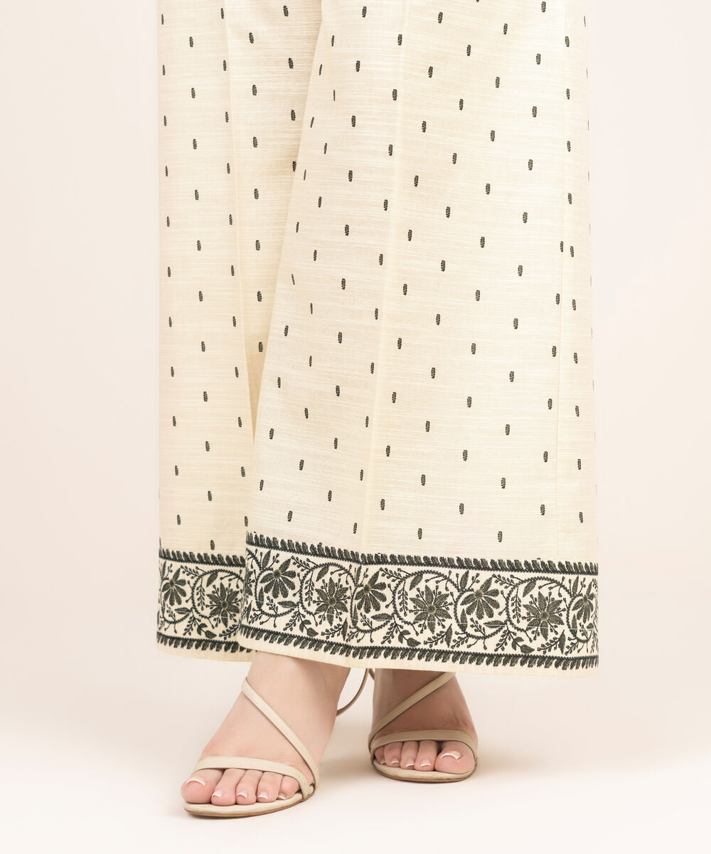 Women's RTW Khaddar Printed Off White Flared Pants