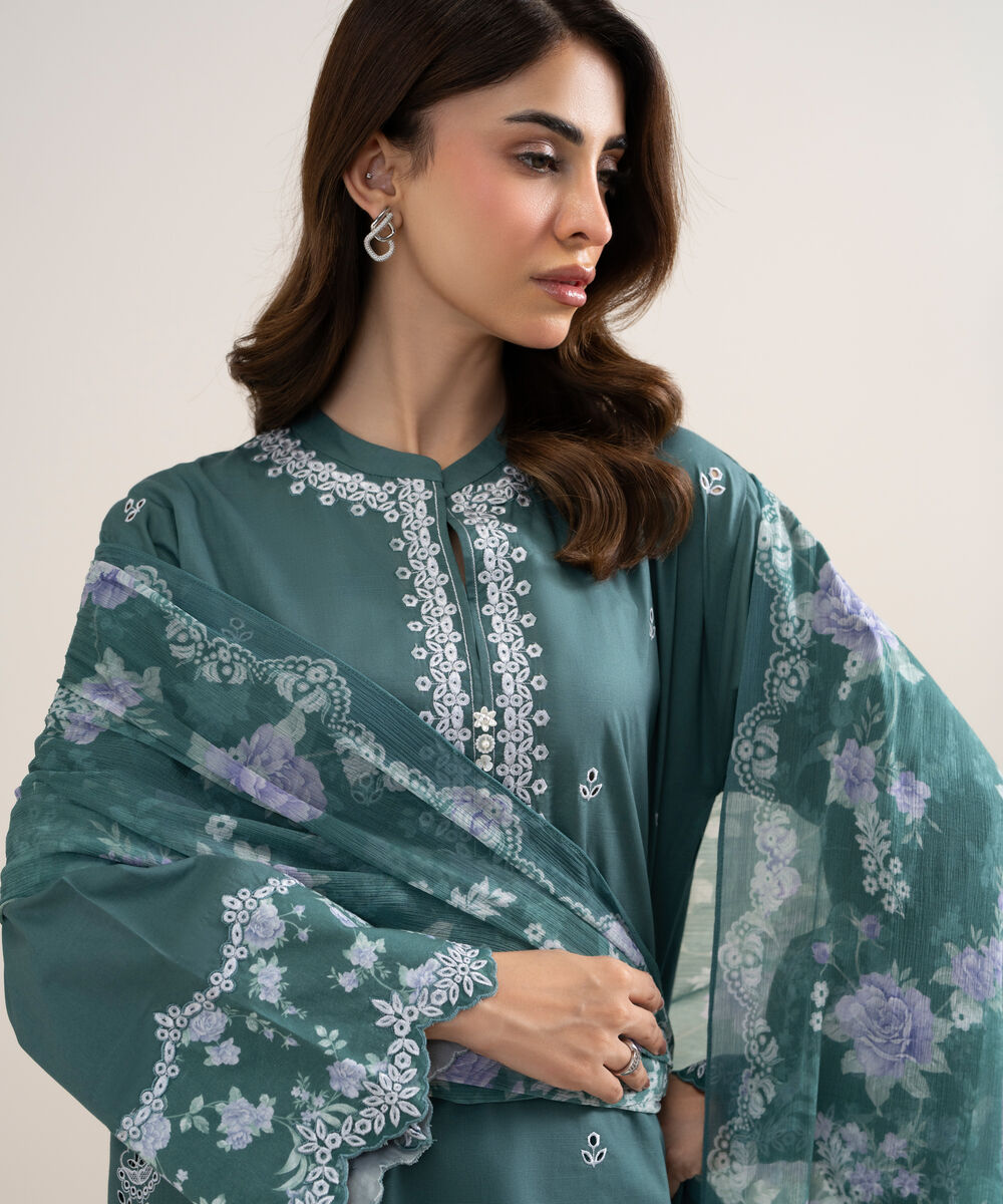 Women's Unstitched Dobby Embroidered Green 3 Piece Suit