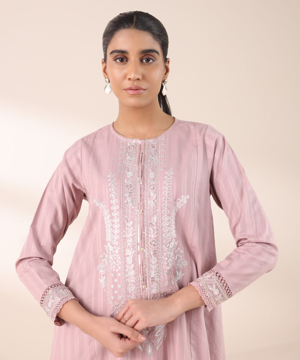 Women's RTW Dobby Pink Embroidered A-Line Shirt