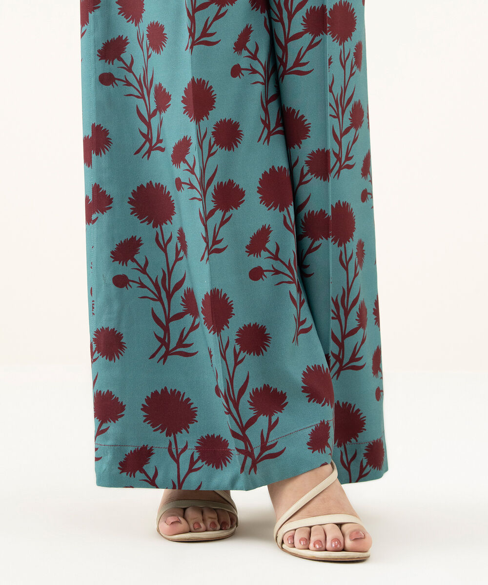 Women's RTW Linen Blue Printed Flared Pants