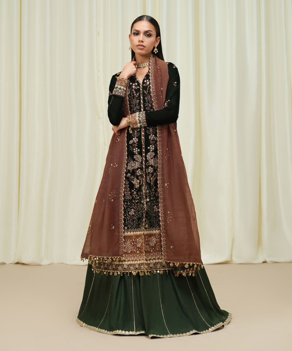 Women's Unstitched Velvet Embroidered Green 3 Piece Suit