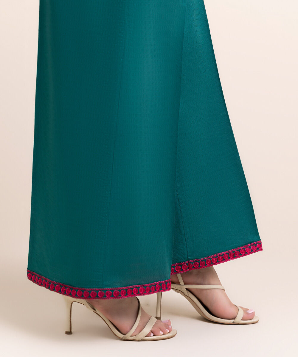 Woman - Green Embroidered Cotton Flared Pants