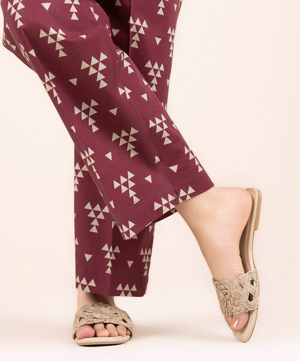 Woman - Red Printed Cambric Straight Pants