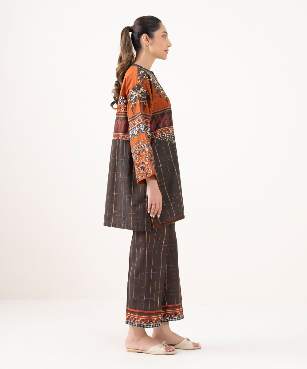 Women's RTW Light Khaddar Embroidered Rust Drop Shoulder Shirt