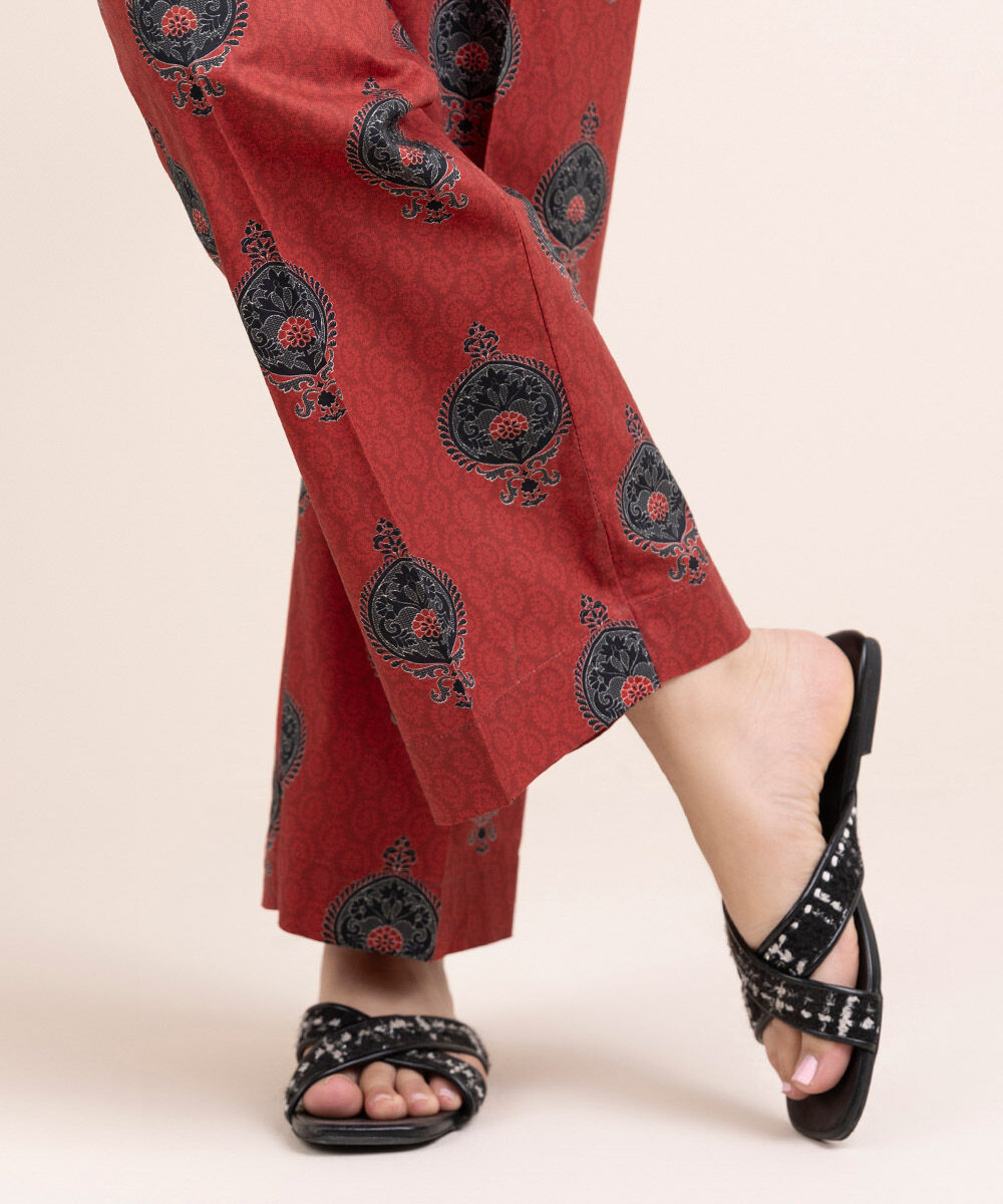 Woman - Red Printed Cambric Straight Pants