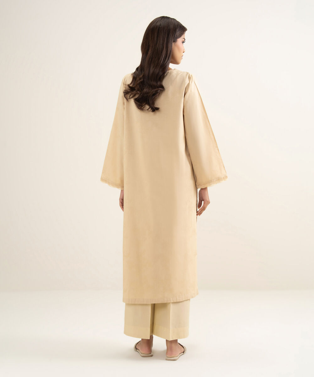 Women's RTW Self Jacquard Embroidered Beige A-Line Shirt