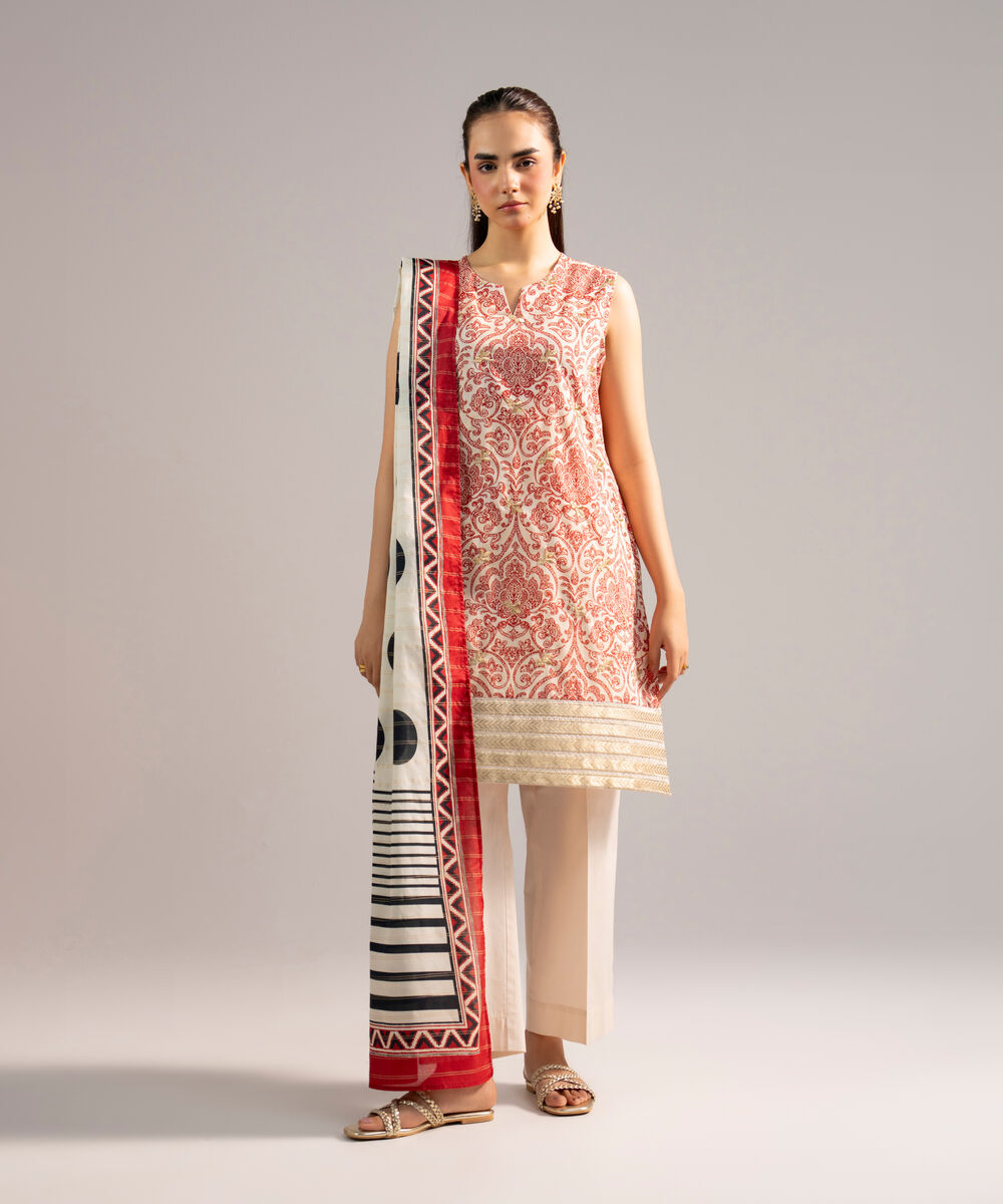 Zari Cotton Printed Off White Dupatta