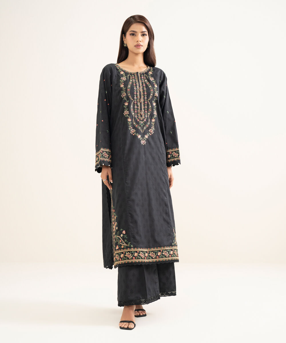 Women's RTW Self Jacquard Embroidered Black A-Line Shirt