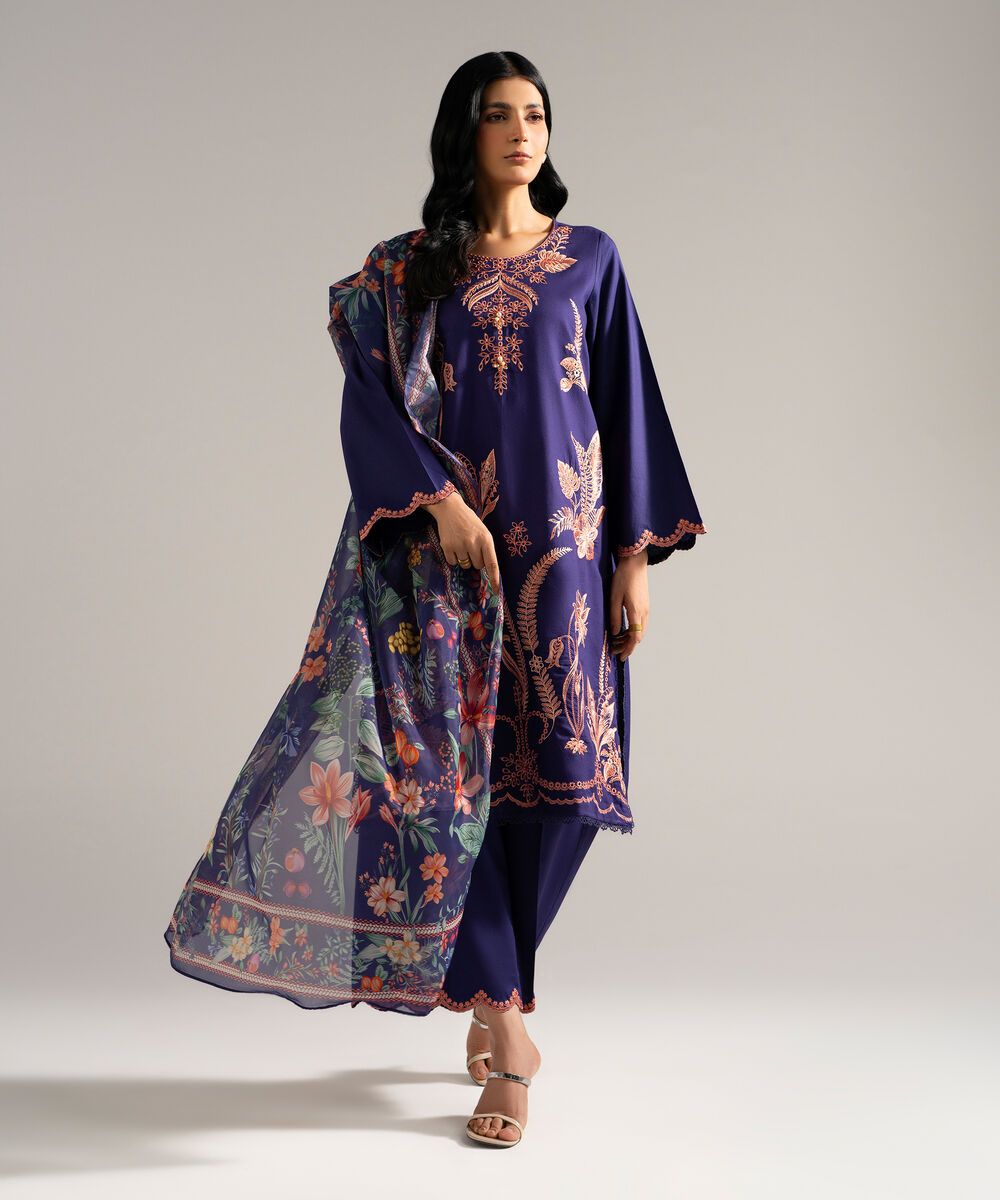 Women's RTW Dobby Crepe Embroidered Blue 3 Piece Suit