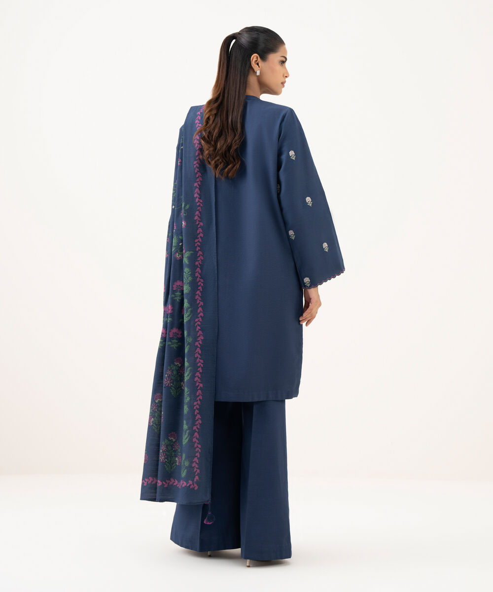 Women's Unstitched Light Khaddar Embroidered Blue 3 Piece Suit