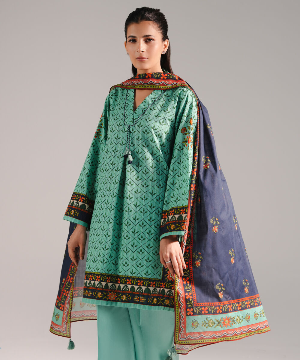 Women's RTW Leno Kara Printed Turquoise 3 Piece Suit
