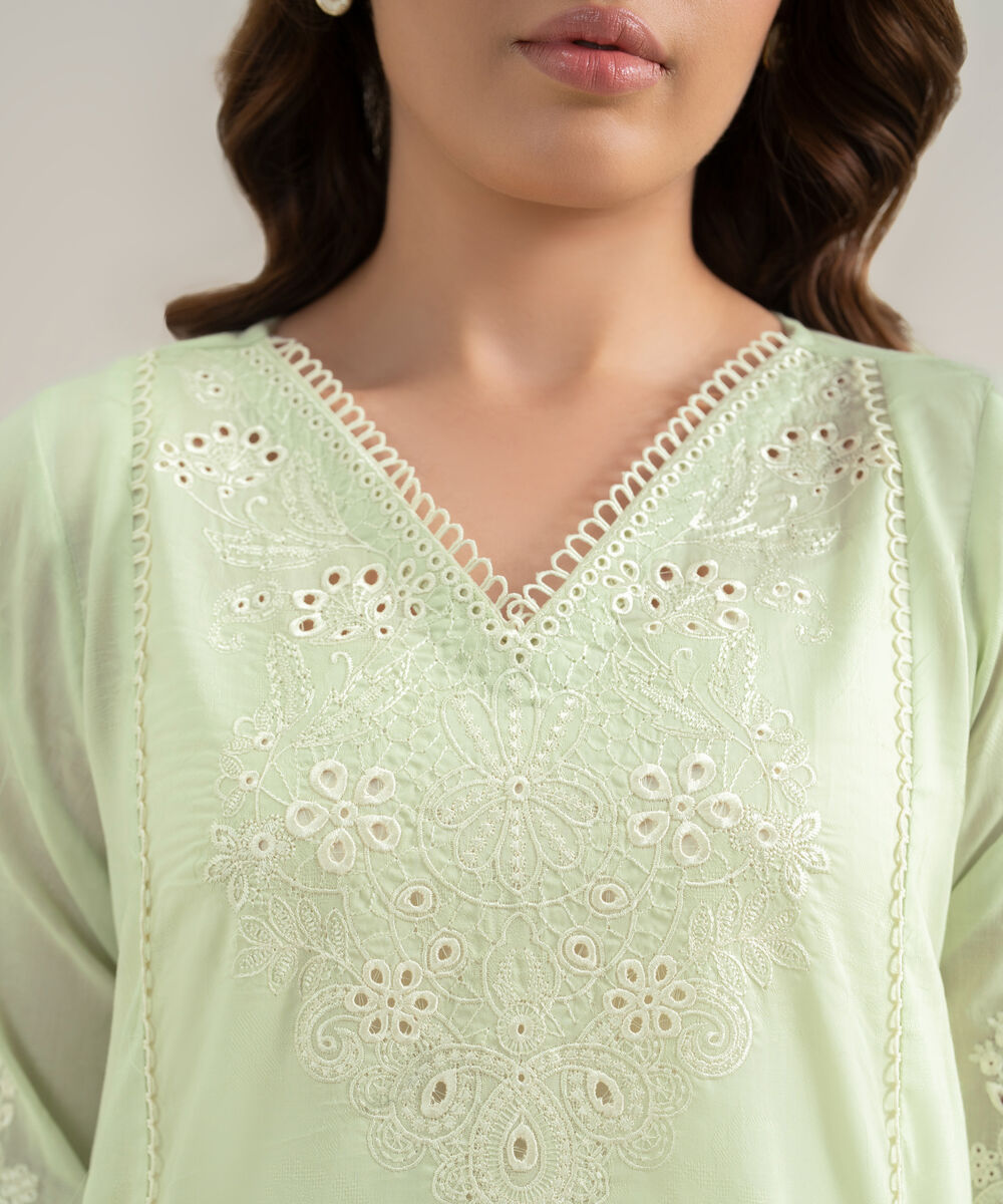 Women's RTW Self Jacquard Embroidered Green A-Line Shirt