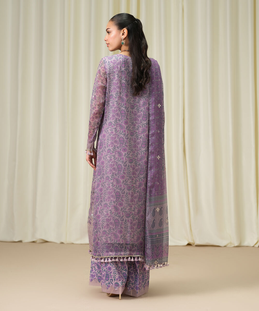 Women's Unstitched Blended Chiffon Embroidered Purple 3 Piece Suit