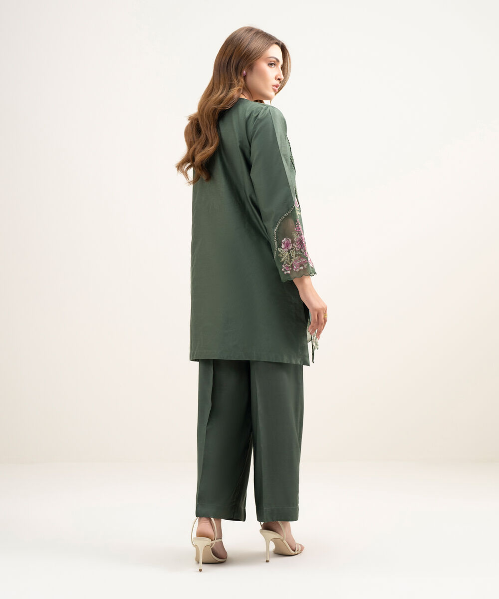 Women's RTW Silk Cotton Net Embroidered Dark Green 2 Piece Suit