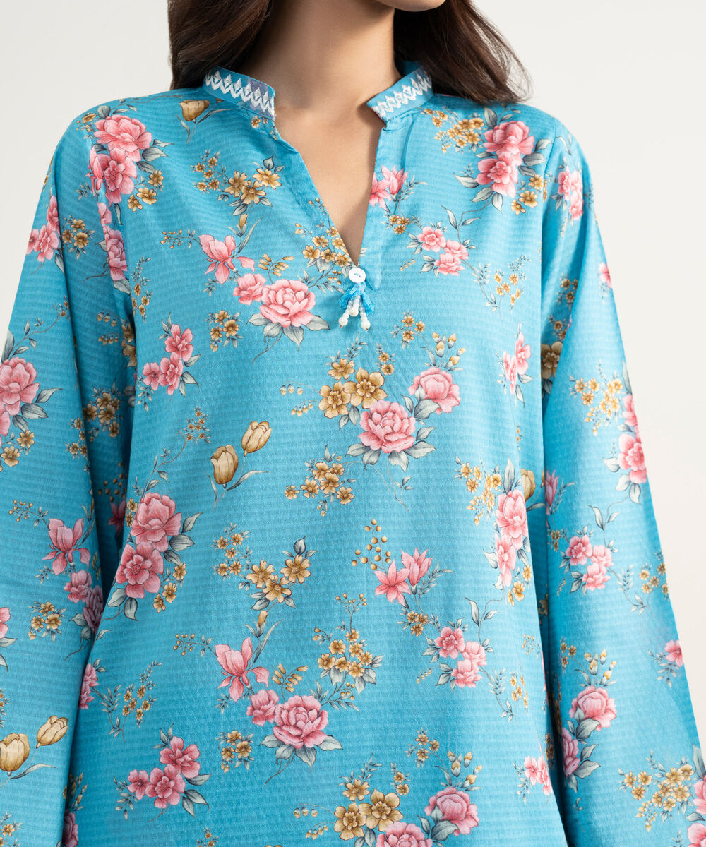Women's RTW Dobby Embroidered Blue Straight Shirt
