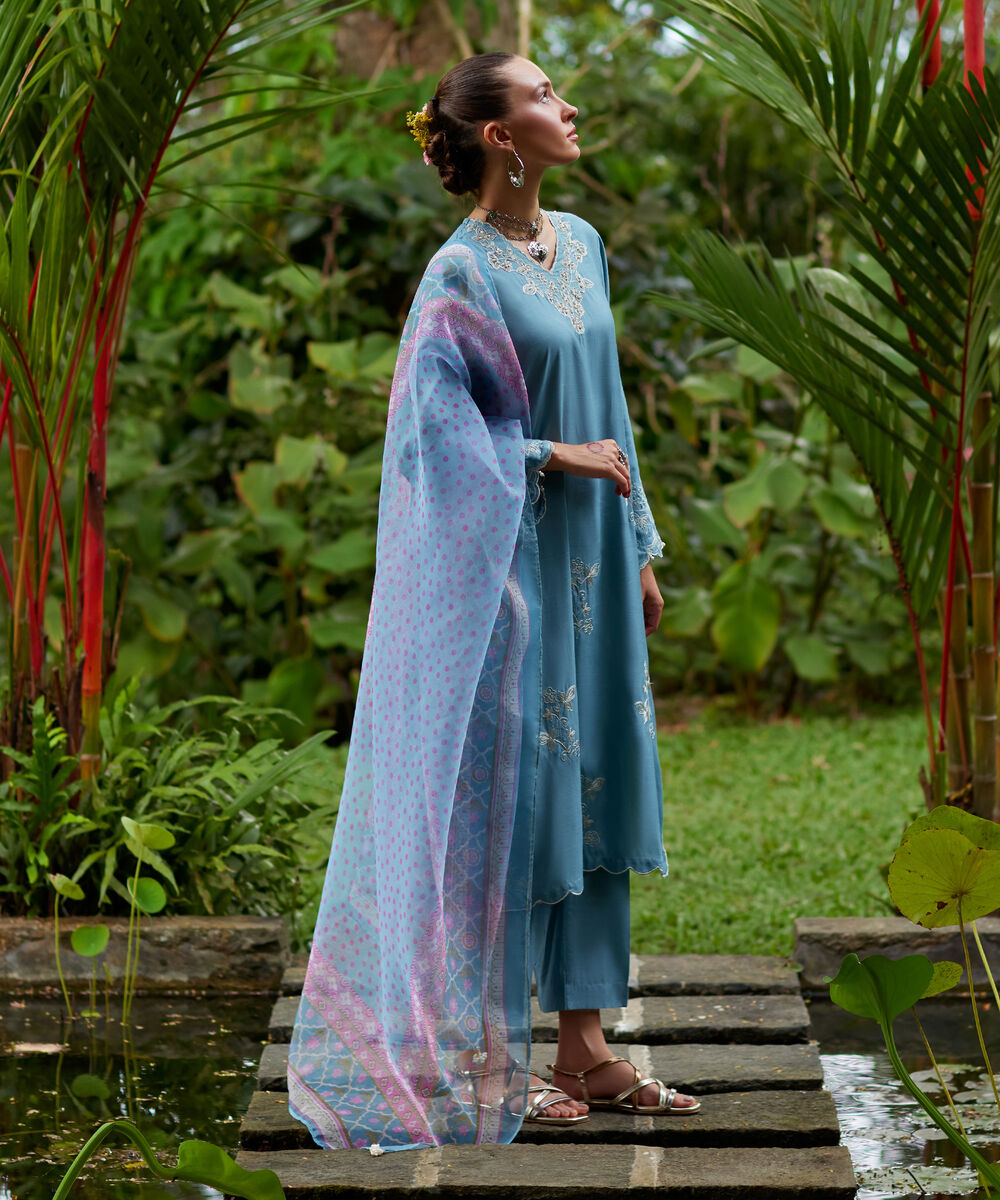 Women's RTW Viscose Raw Silk Embroidered Blue 3 Piece Suit