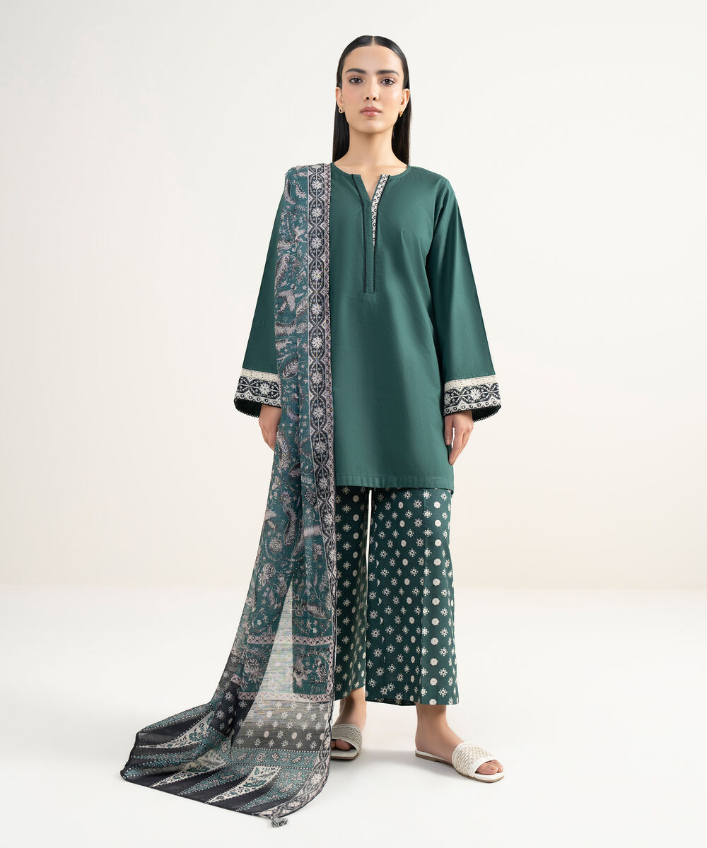 Women's RTW Cambric Solid Green Straight Shirt