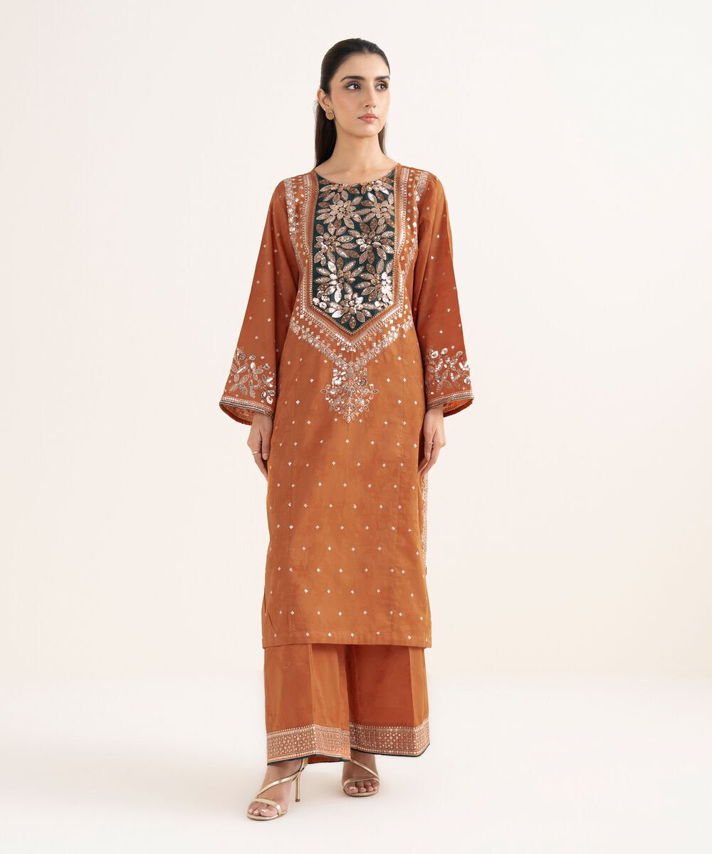 Women's RTW Self Jacquard Leno Embroidered Orange A-Line Shirt