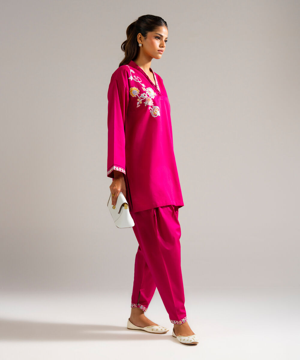 Women's RTW Dobby Embroidered Pink Drop Shoulder Shirt
