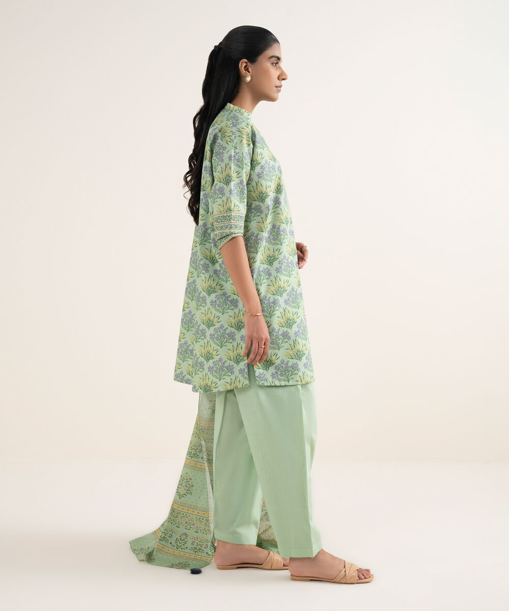 Women's Unstitched Cotton Printed Green 3 Piece Suit