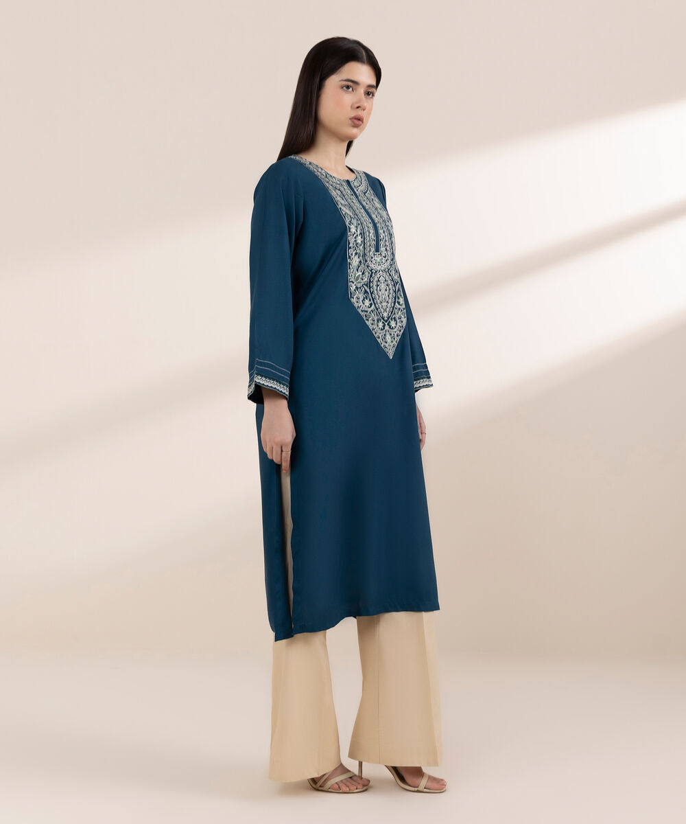Women's RTW Arabic Lawn Blue Embroidered A-Line Shirt