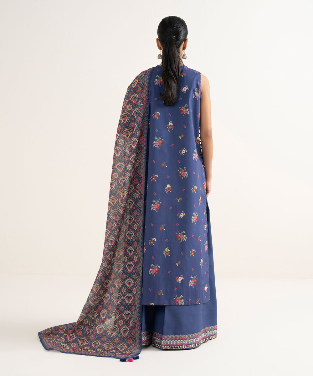 Women's Unstitched Cotton Embroidered Blue    3 Piece Suit